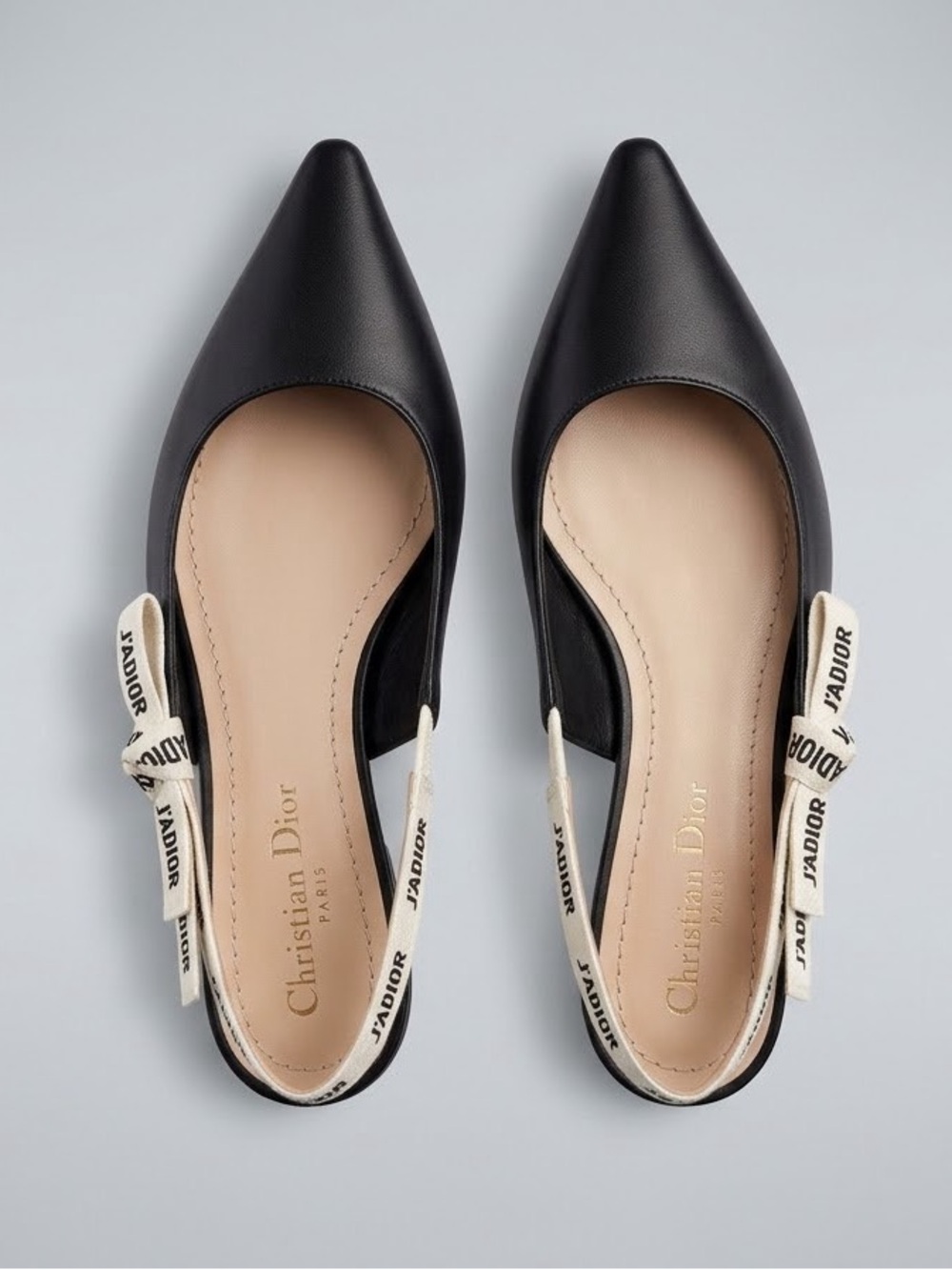 CHRISTIAN DIOR J'Adior Black Leather Slingback Ballet Flats Pointed Toe